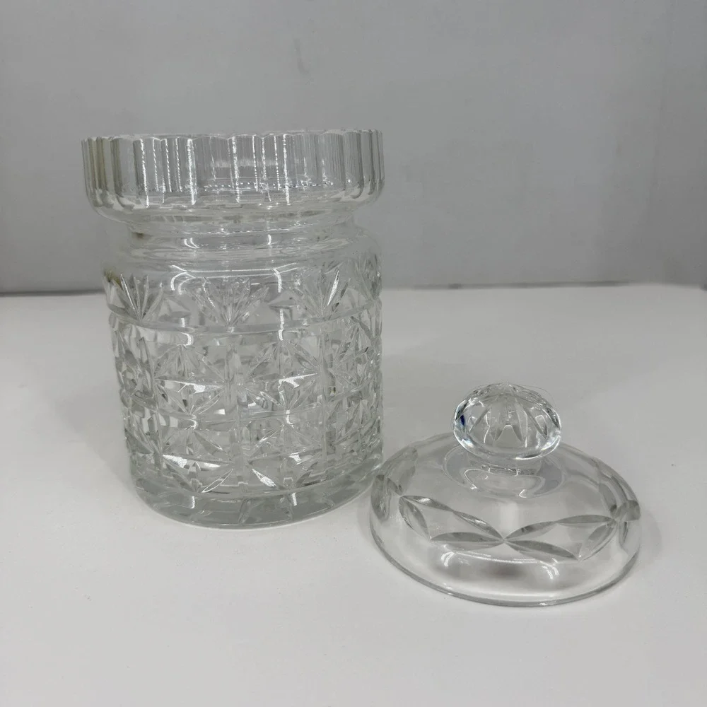 Lead Crystal Small Lidded Jar Clear Diamond Cut Glass Biscuit Candy 6 Inch